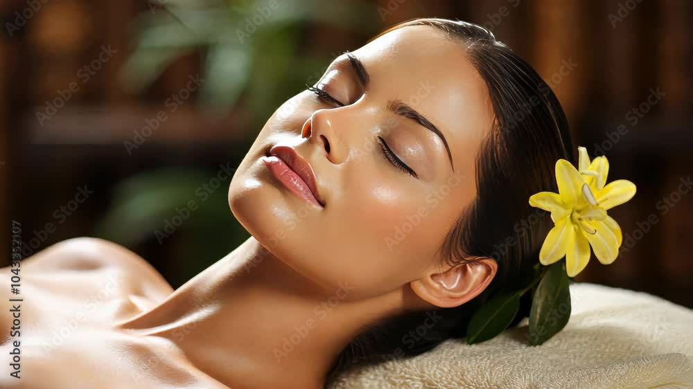 Beautiful woman relaxing with flower in hair at spa