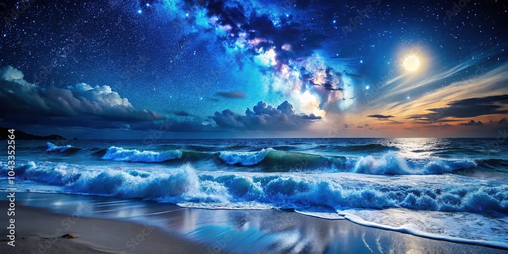 Dark blue sea, crashing surf, starry sky above. Dark blue sea, crashing surf, starry sky above.