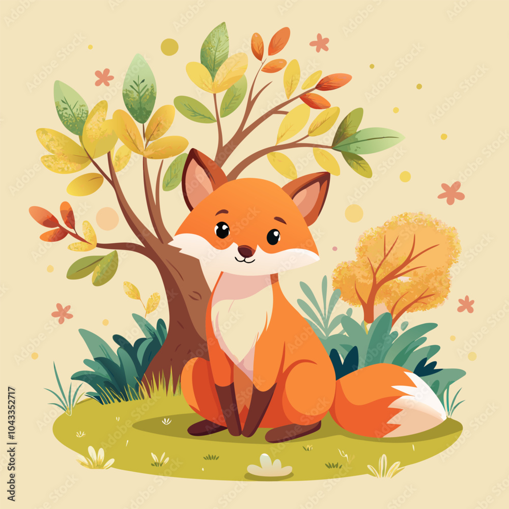 Fototapeta premium A cute cartoon fox sits in a forest setting, surrounded by autumnal trees and foliage. Perfect for adding a touch of whimsy to children's products, greeting cards, or home decor.