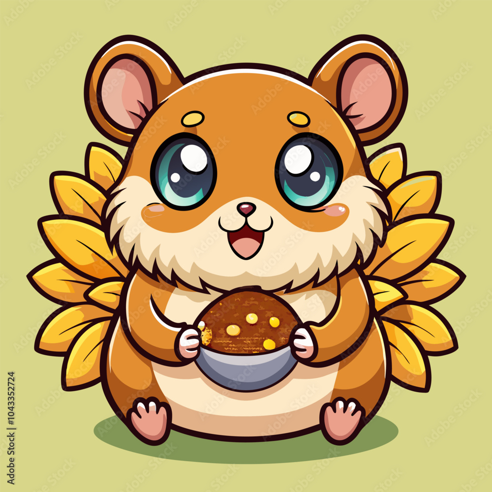 Fototapeta premium Adorable cartoon hamster with big eyes and a fluffy tail, holding a bowl of food. Perfect for children's books, illustrations, and social media content.