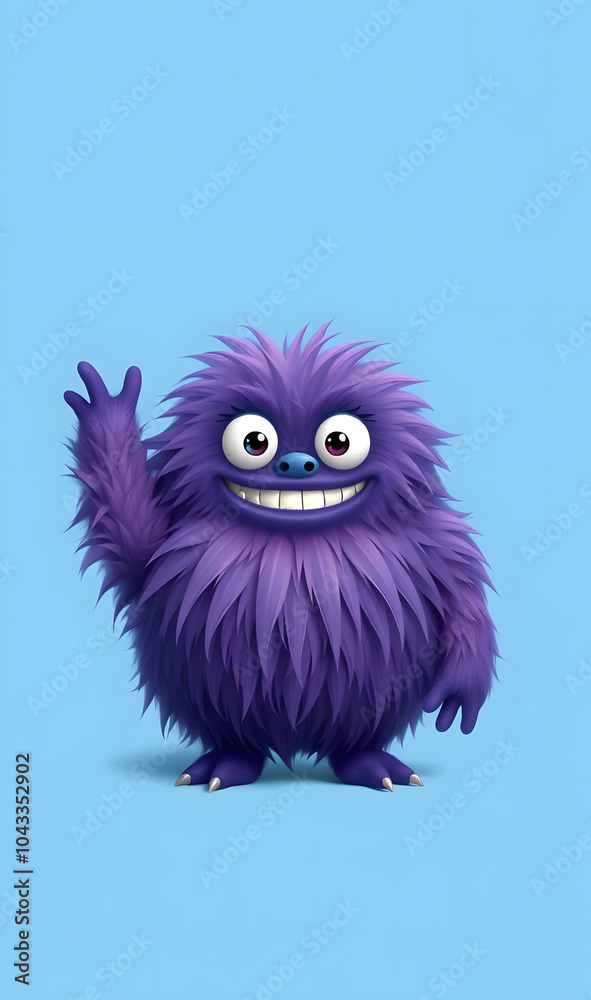 Fototapeta premium Funny purple fluffy monster on a clean blue background. Joyful and soft little monster. Charming yeti. Halloween character.