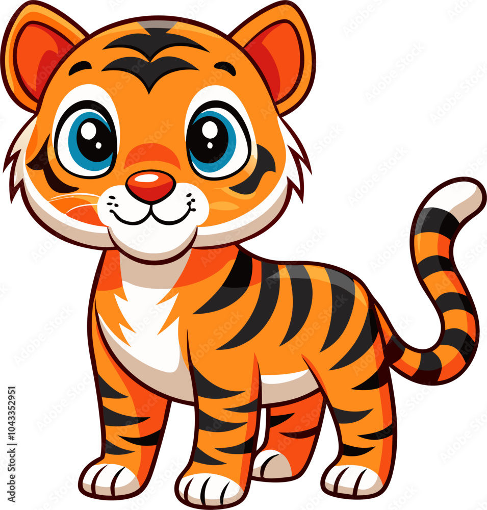 A charming cartoon illustration of a cute tiger cub with big, expressive eyes and a playful smile, perfect for adding a touch of whimsy to children's books, clothing. A charming cartoon illustration of a cute tiger cub with big, expressive eyes and a playful smile, perfect for adding a touch of whimsy to children's books, clothing.