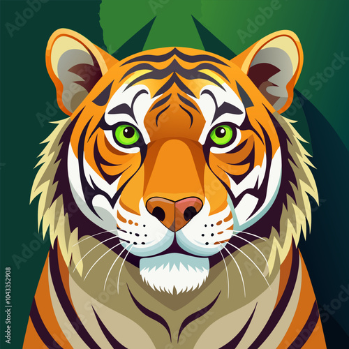 A close-up portrait of a majestic tiger, captured in a vibrant and detailed illustration. Its piercing green eyes and striking stripes convey power and beauty.
