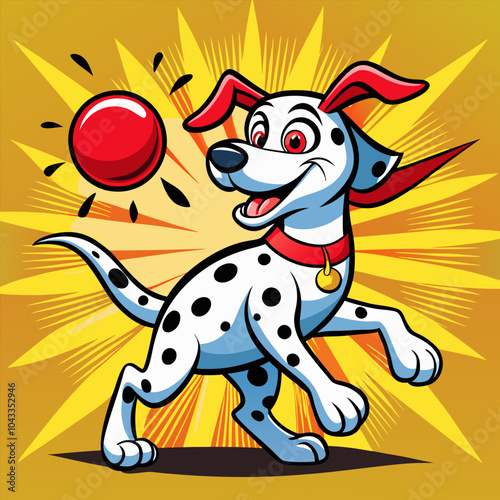 A playful dalmatian dog jumps in mid-air, tongue out, eyes bright with joy, chasing after a red ball, a perfect cartoon illustration for kids' books, clothing, or any playful design.
