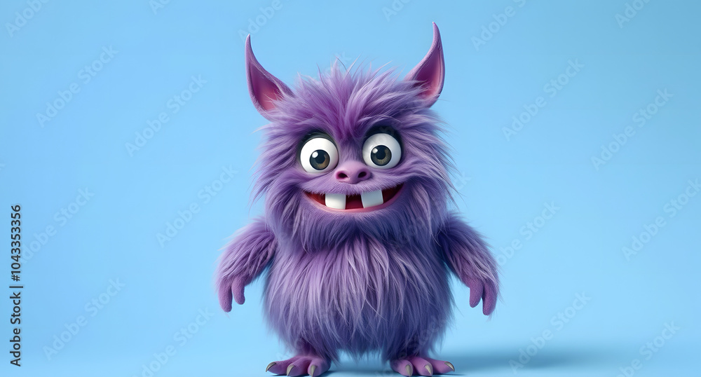 Funny purple fluffy monster on a clean blue background. Joyful and soft little monster. Charming yeti. Halloween character.