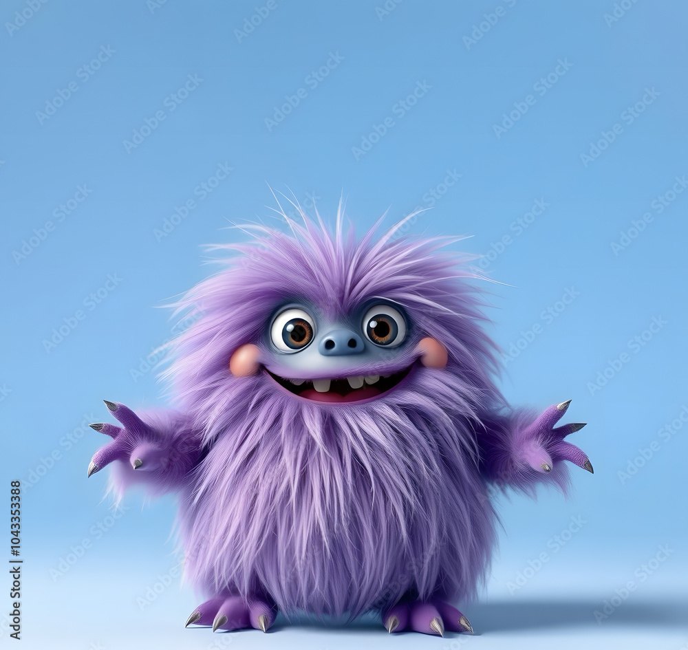 Funny purple fluffy monster on a clean blue background. Joyful and soft little monster. Charming yeti. Halloween character. Funny purple fluffy monster on a clean blue background. Joyful and soft little monster. Charming yeti. Halloween character.