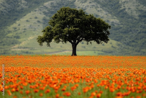 Wallpaper Mural Lone oak tree standing in the middle of a vast field of vibrant orange wildflowers with a mountainous backdrop Torontodigital.ca