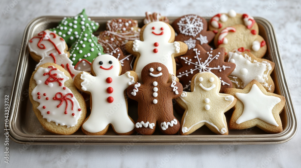Obraz premium Christmas gingerbread cookies in the form of snowmen and snowflakes in a tray. Festive home baking
