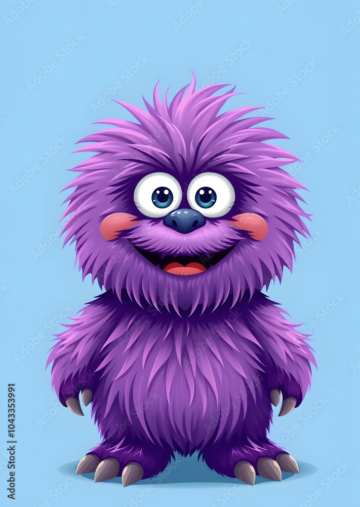 Fototapeta premium Funny purple fluffy monster on a clean blue background. Joyful and soft little monster. Charming yeti. Halloween character.