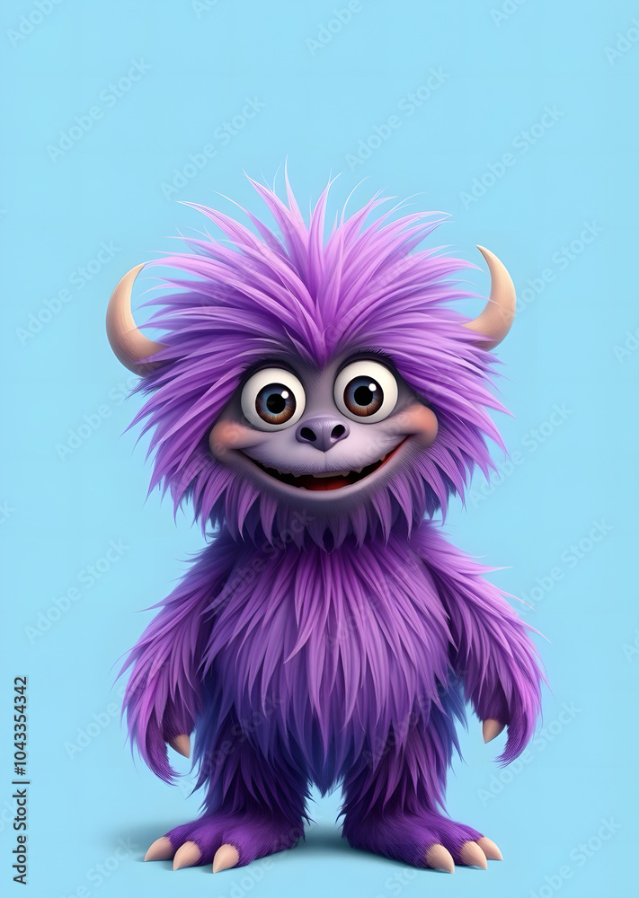 Funny purple fluffy monster on a clean blue background. Joyful and soft little monster. Charming yeti. Halloween character. Funny purple fluffy monster on a clean blue background. Joyful and soft little monster. Charming yeti. Halloween character.