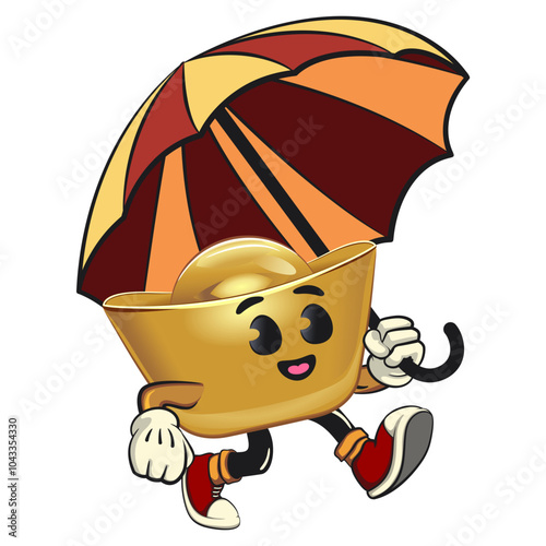 chinese Imperial golden ingot gold money isolated vector cartoon illustration walking with an umbrella, work of hand drawn