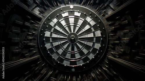 Black and silver Dartboard target in a dark space.
