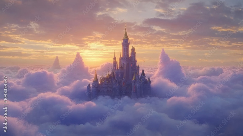 Naklejka premium castle perched atop fluffy clouds, with golden spires reaching the sky