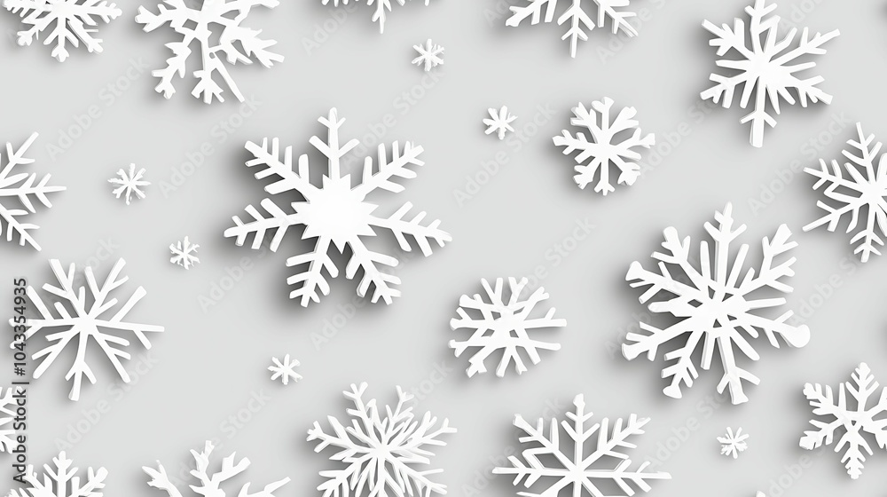 A seamless pattern of white 3D snowflakes on a light gray background, perfect for winter-themed designs, Christmas, and holiday decorations. A seamless pattern of white 3D snowflakes on a light gray background, perfect for winter-themed designs, Christmas, and holiday decorations.