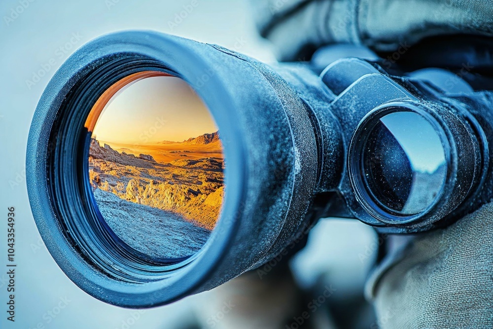 A close-up captures a pair of binoculars held by a soldier, reflecting the landscape in the lenses, symbolizing observation and awareness A close-up captures a pair of binoculars held by a soldier, reflecting the landscape in the lenses, symbolizing observation and awareness