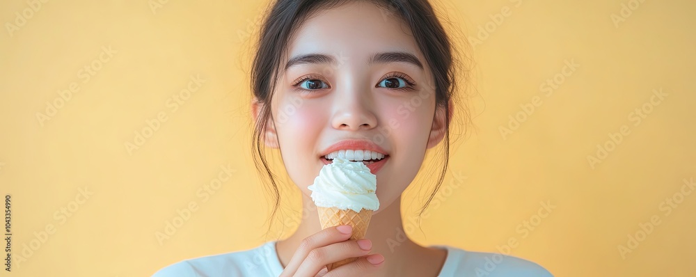Asian Woman touching her chin feeling sensitive teeth when eating an ice cream. Have a gum and oral problem, Generative AI Asian Woman touching her chin feeling sensitive teeth when eating an ice cream. Have a gum and oral problem, Generative AI