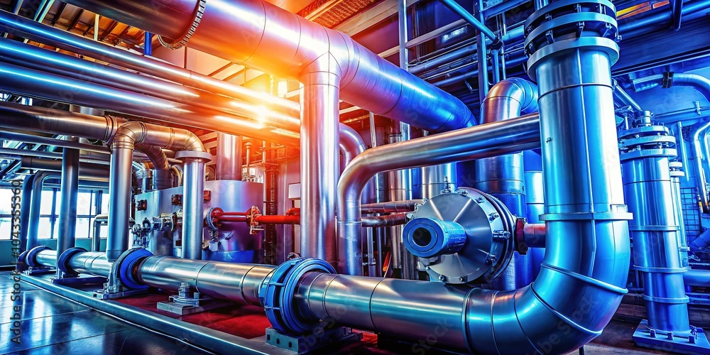 Detailed photo of industrial chiller with insulated pipes and vessel.
