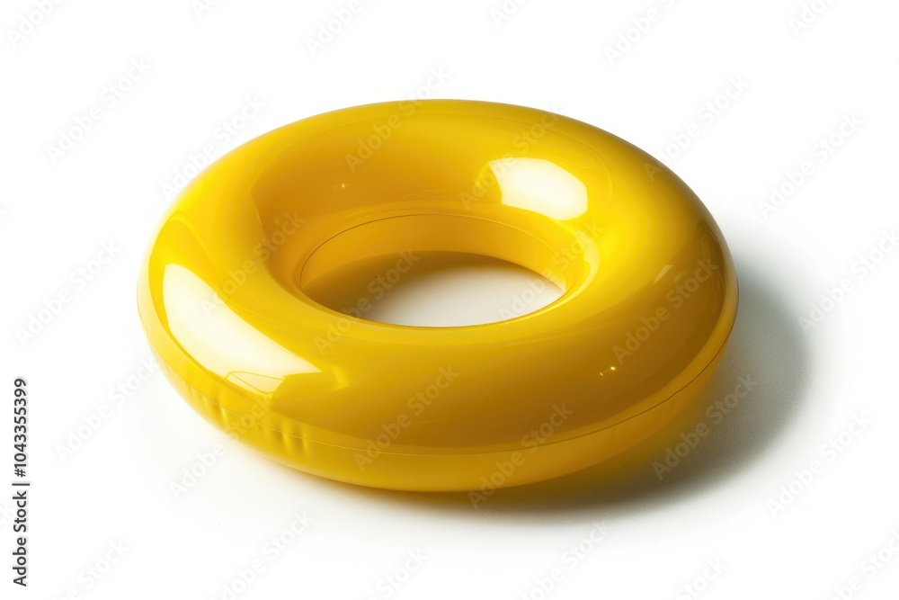 A single yellow plastic donut on a white surface A single yellow plastic donut on a white surface