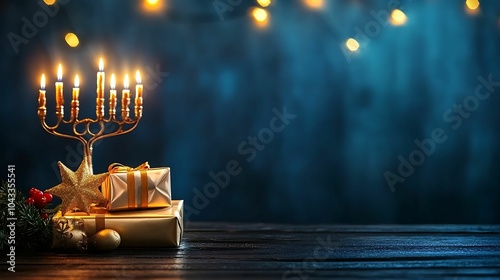 A menorah with glowing candles stands beside golden gifts and festive ornaments, set against a dark blue background with warm lights, celebrating Hanukkah. photo