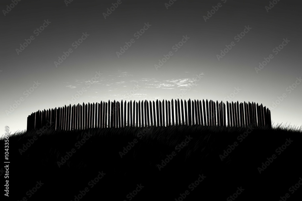 A minimalist design features a fence with sharp angles, creating a stark contrast against the clear blue sky, representing boundaries