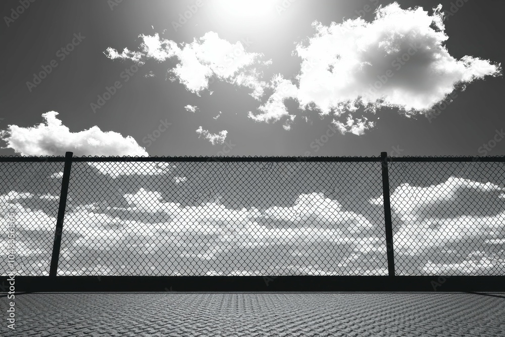 A minimalist design features a fence with sharp angles, creating a stark contrast against the clear blue sky, representing boundaries A minimalist design features a fence with sharp angles, creating a stark contrast against the clear blue sky, representing boundaries