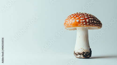 Fly agaric amanita muscaria mushroom, a vibrant red mushroom with white spots on white background photo