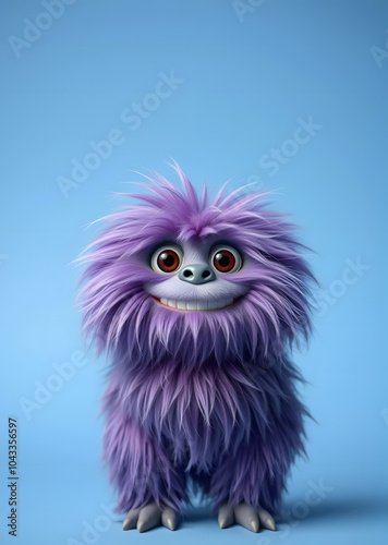 Funny purple fluffy monster on a clean blue background. Joyful and soft little monster. Charming yeti. Halloween character.