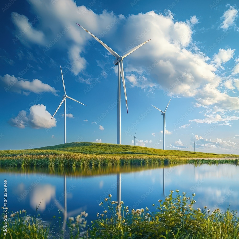 Three wind turbines are on a hillside next to a lake Three wind turbines are on a hillside next to a lake