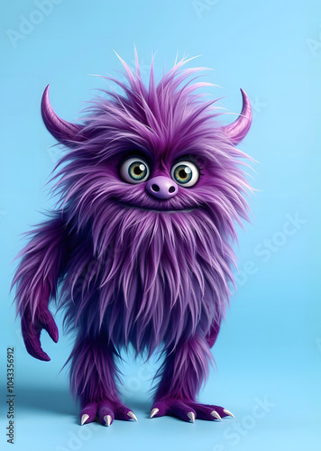 Funny purple fluffy monster on a clean blue background. Joyful and soft little monster. Charming yeti. Halloween character.