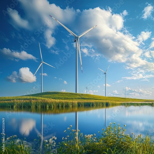 Three wind turbines are on a hillside next to a lake