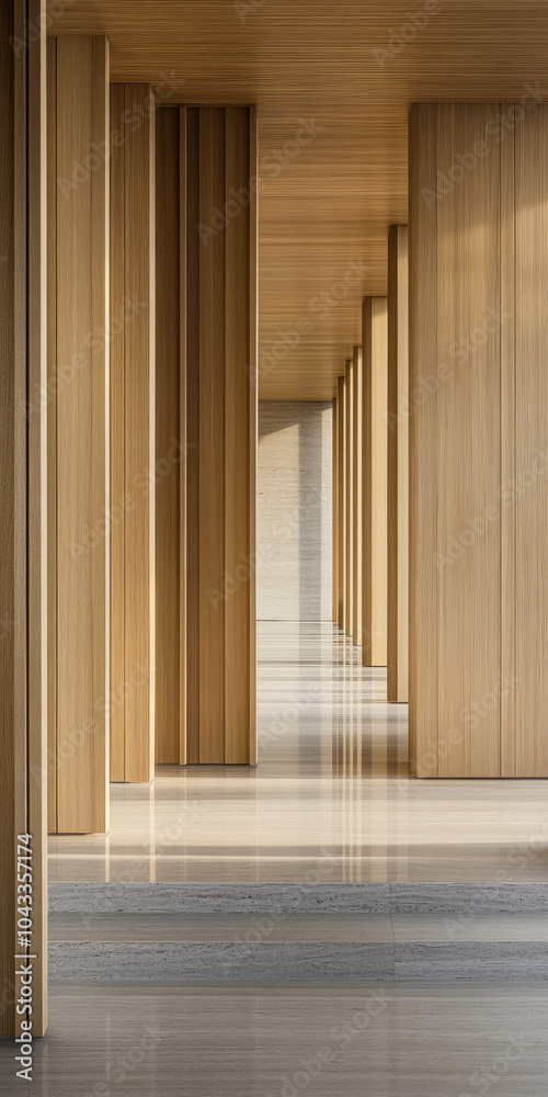 Obraz premium Modern architectural interior with wooden pillars and reflective flooring during daytime