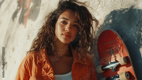 A woman stands beside a wall with a skateboard, ready for action photo