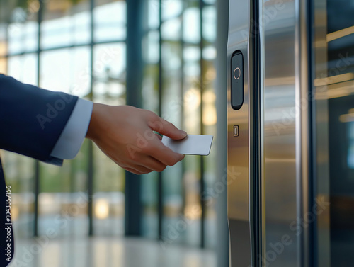 Illustration of staff scanning card at modern and stylish office door scanner.
