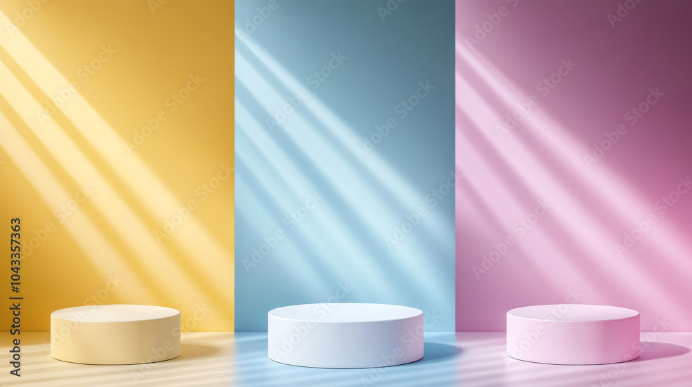 Three simple backgrounds with a white podium or table against yellow, blue, and pink walls. Each scene has a spotlight and uses abstract shapes. Perfect for showcasing products! Three simple backgrounds with a white podium or table against yellow, blue, and pink walls. Each scene has a spotlight and uses abstract shapes. Perfect for showcasing products!