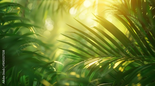 Sunlight filtering through lush green palm leaves creating a vibrant and fresh natural background in a tropical forest.