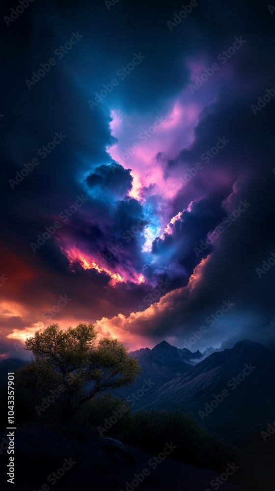 A lone tree stands silhouetted against a dramatic sky with vibrant, colorful clouds.