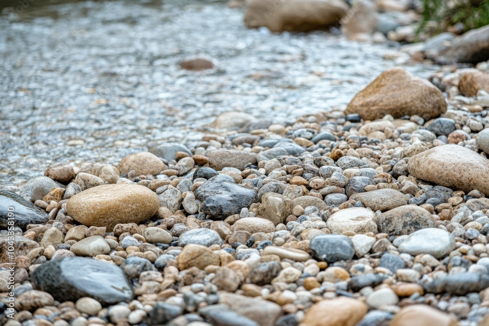 Ground level angle view close up, surface of riverbed gravel countertop, with a water-inspired mountain stream background, blurred rushing water over rocks, copy space, ad promo template, alpine Ground level angle view close up, surface of riverbed gravel countertop, with a water-inspired mountain stream background, blurred rushing water over rocks, copy space, ad promo template, alpine