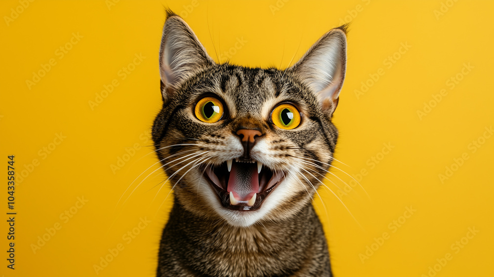 Portrait of a happy and excited cat with yellow eyes on isolated yellow background Portrait of a happy and excited cat with yellow eyes on isolated yellow background