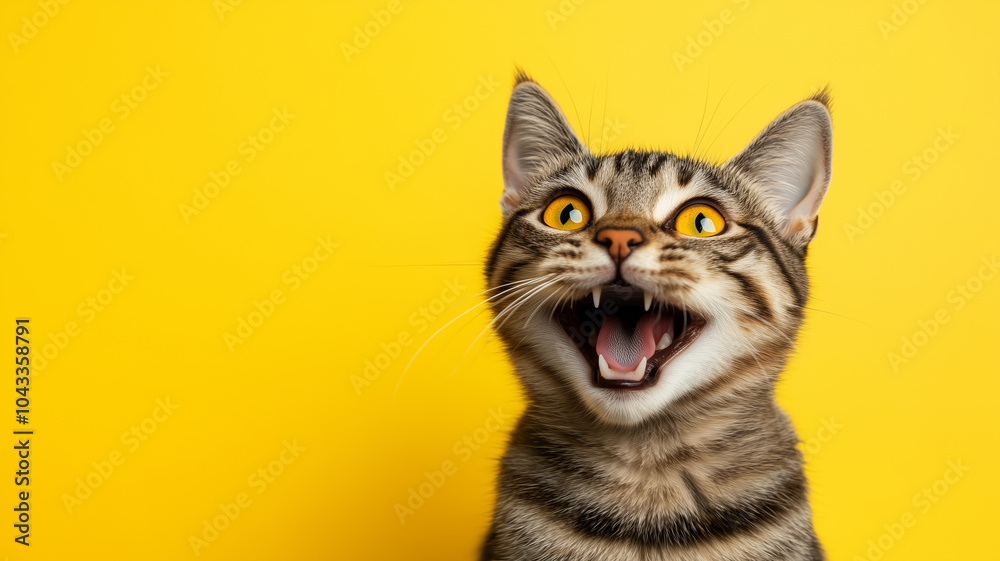 Obraz premium Portrait of a happy and excited cat with yellow eyes on isolated yellow background