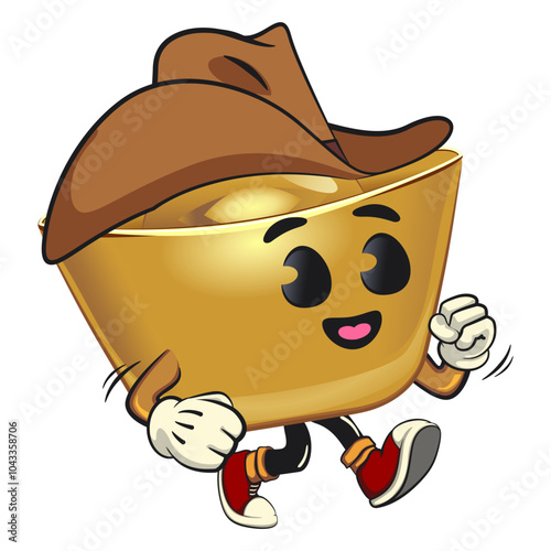 chinese Imperial golden ingot gold money isolated vector cartoon illustration wearing a cowboy hat walking calmly, work of hand drawn