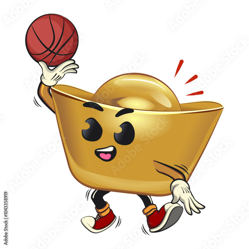 chinese Imperial golden ingot gold money isolated vector cartoon illustration playing basketbal, work of hand drawn
