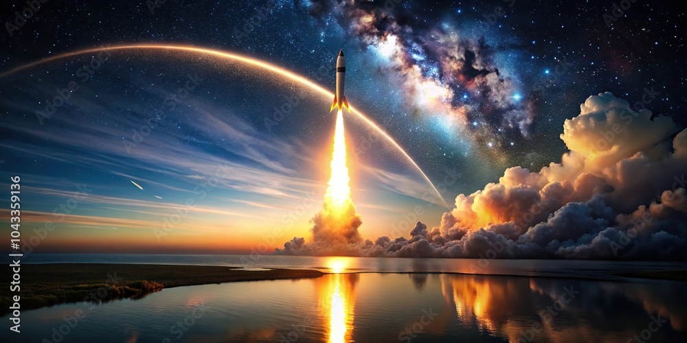 Rocket launch with fiery trail against starry night sky and sunbeams