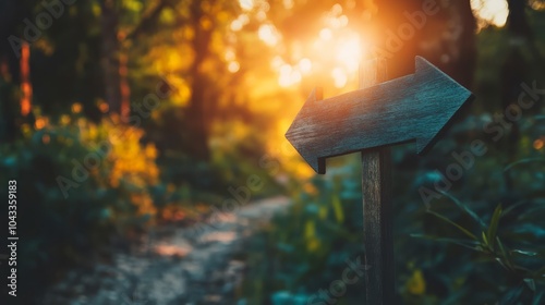 Obraz na płótnie Wooden Arrow Signpost in a Forest Path at Sunset: A rustic wooden arrow signpost stands tall against the backdrop of a lush forest path illuminated by a warm, golden sunset. w salonie