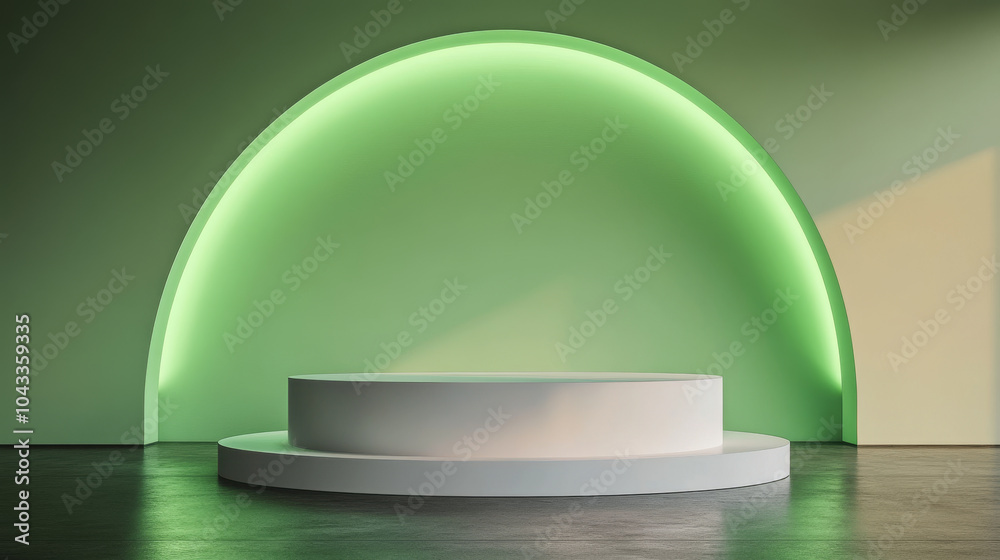 A simple, modern display with a white and green cylinder podium.  The backdrop is a glowing green half-circle, perfect for showcasing products in a minimalist style.