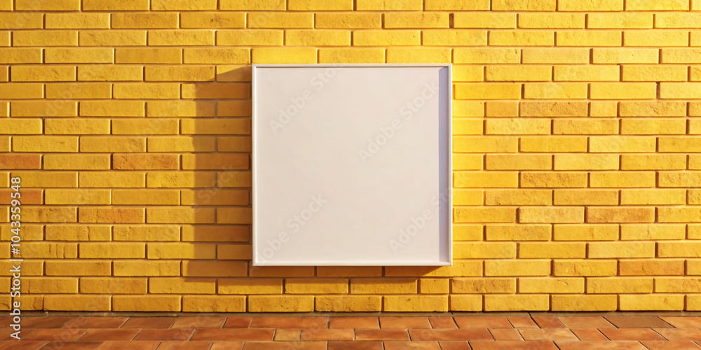 one black frame on white brick wall mock up Yellow wall background one black frame on white brick wall mock up Yellow wall background