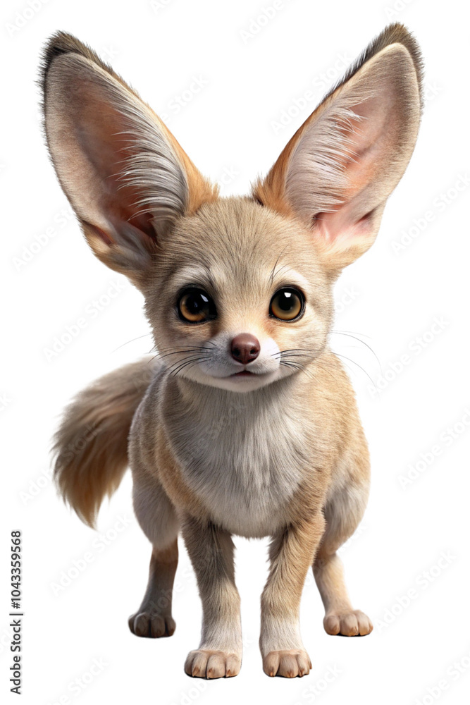 Obraz premium A fennec fox with oversized ears and a playful stance, capturing its unique features against a plain white background. 