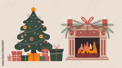 Room with decorated Christmas tree, fireplace and gifts, Christmas and celebration concept.