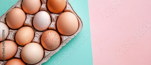 Photo of eggs in a carton on a pastel background, top view. photo