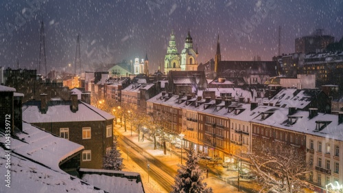 Wallpaper Mural City illuminated with Christmas lights with snow falling, winter scenery, Christmas concept. Torontodigital.ca