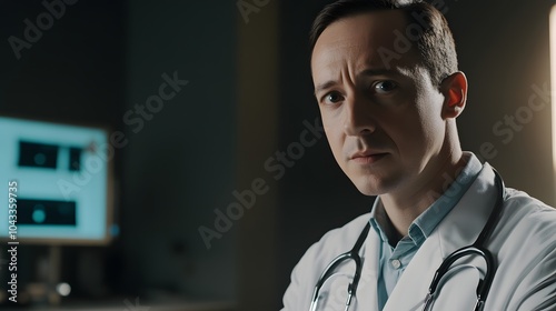 A serious-looking doctor stares intently at the camera in a dimly lit room. photo